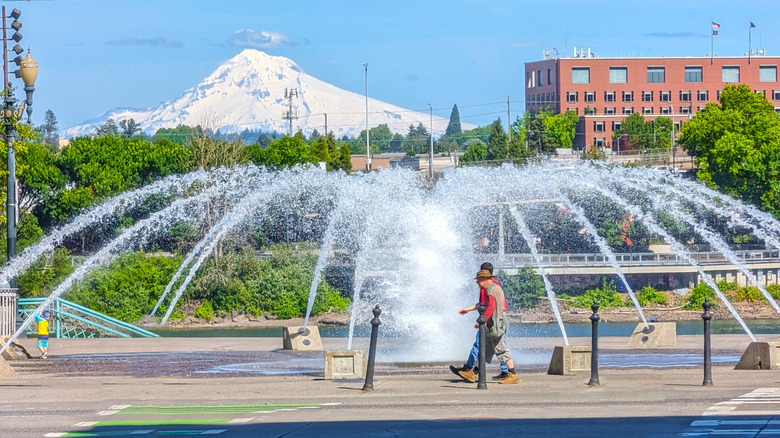 Salmon Street fountain with Mt. Hood in the background