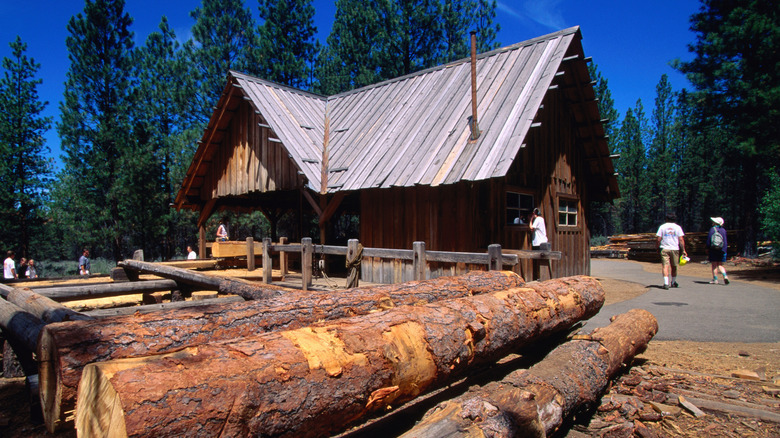 Log cabin replica with blue sky, logs, and people outside at High Desert Museum