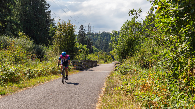 Person cycling on a paved trail