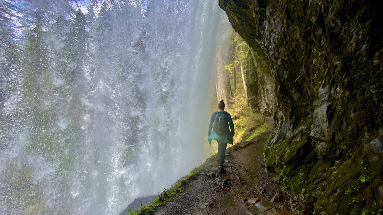 A woman walking behind a waterfall at Silver Falls State Park