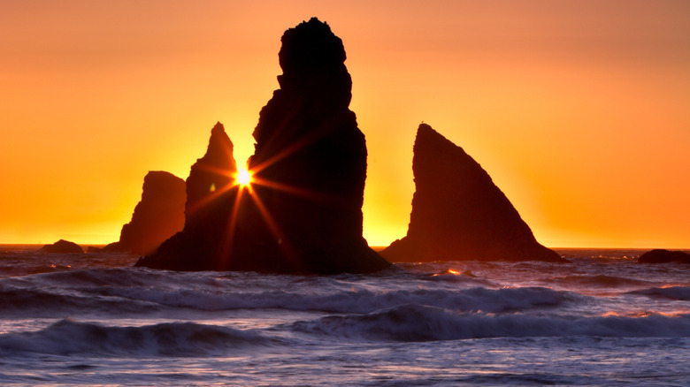 The stacks off China Beach are lit in profile by the setting sun