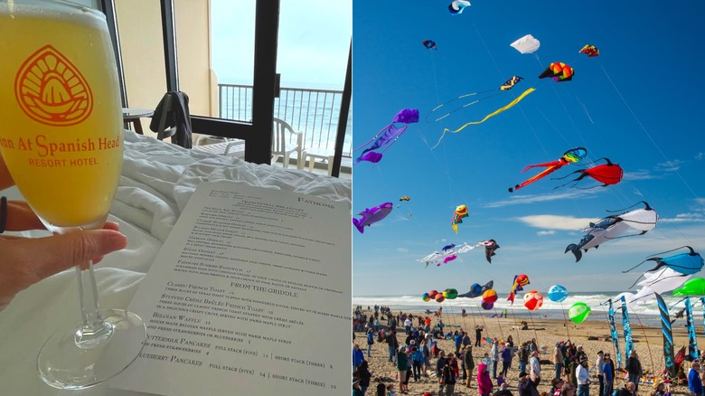 Holding an Inn at Spanish Head glass & Spectators watching kites flying at Lincoln City Kite Festival