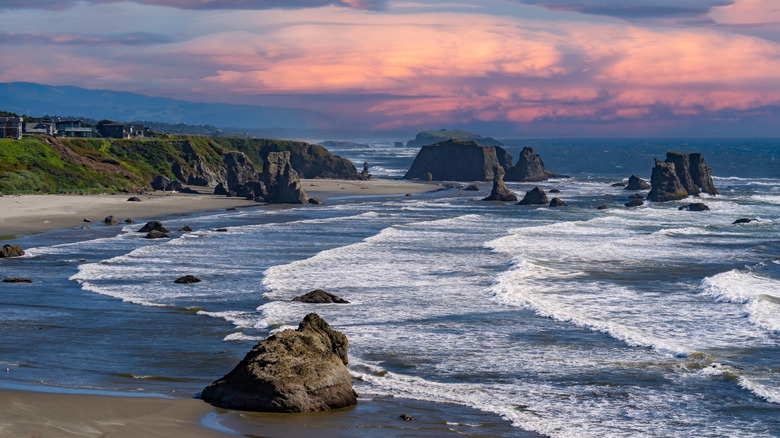 Sea stacks on the coast in Bandon, Oregon, at sunset