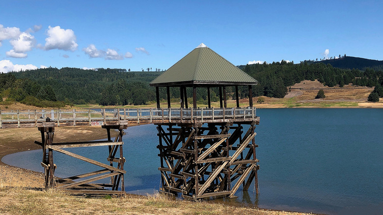 Hagg Lake with fishing pier and tower