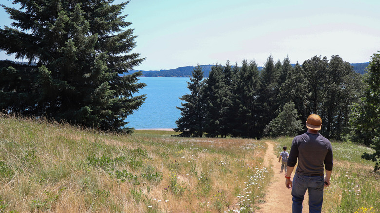 A man and child on a hiking trail along Henry Hagg Lake