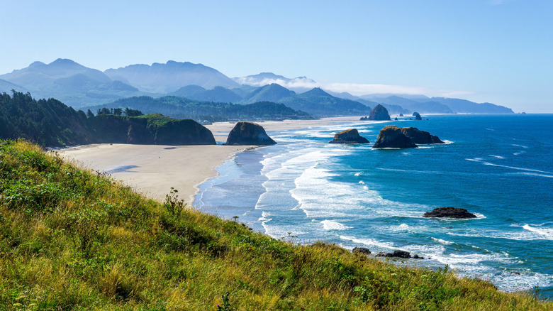 A view across the rock stacks of Cannon Beach, Oregon