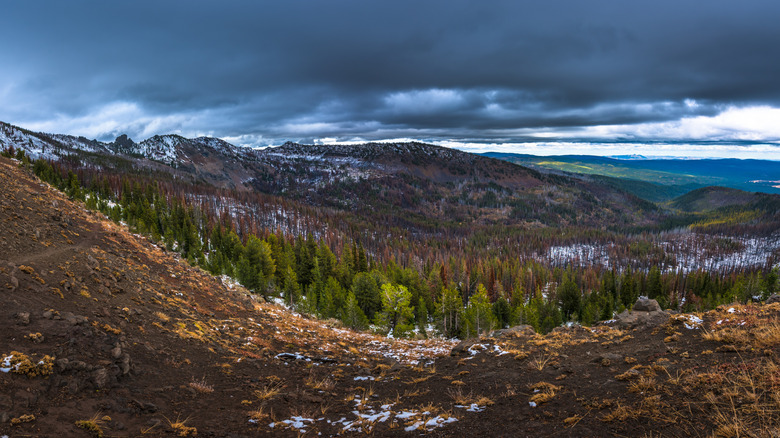 A view of the Strawberry Mountain Wilderness and Malheur National Forest from a ridgeline on a cloudy day