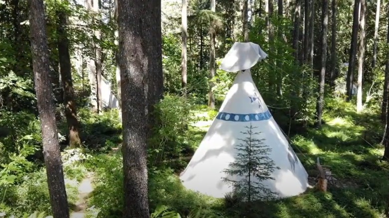 A tipi standing in the forest in Tipi Village Retreat
