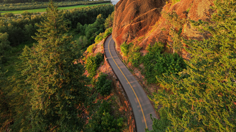 Aerial view of the Historic Columbia River Highway in the Columbia River Gorge, Oregon