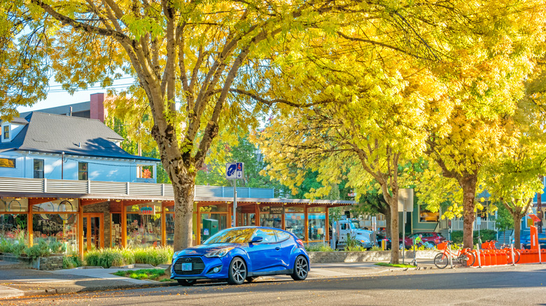 Blue car parked on Nob Hill street during fall