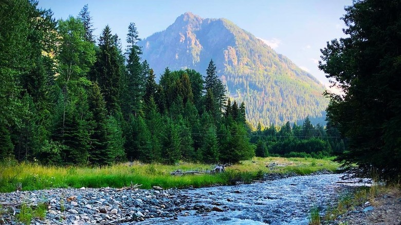 A shot of the Wallowa River with a mountain in the background