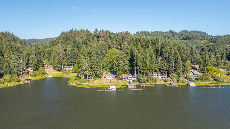 Homes dot the shoreline of Tenmile Lake in Oregon