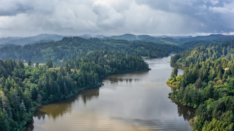 One of the long arms of Tenmile Lake surrounded by forests and mountains