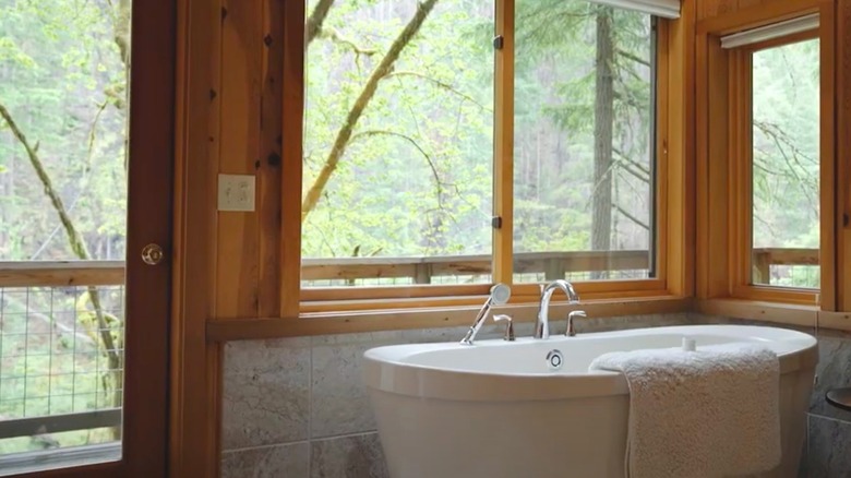Bathroom with tub overlooking forest and river at the Steamboat Inn