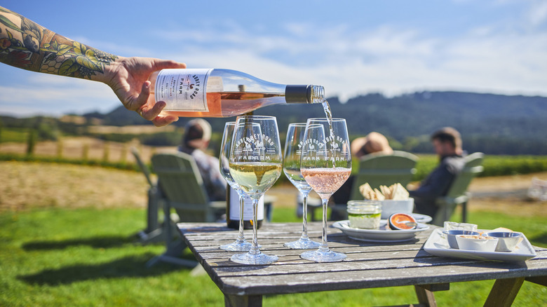 A person pouring wine with people sitting in the background on a vineyard