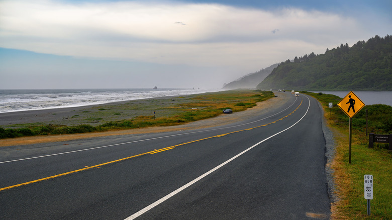 The 101 Highway runs beside Freshwater Beach near Orick, CA