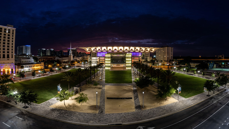 An aerial view of the Dr. Phillips Performing Arts Center at night in Dr Phillips, Florida