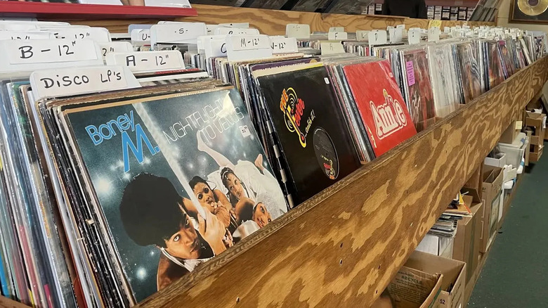 Vinyl records displayed in rows in Retro Records.