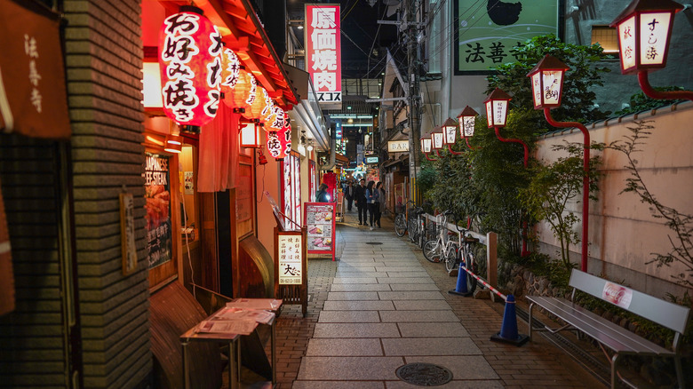 Glowing lanterns strung along Hozenji Yokocho Alley in Osaka