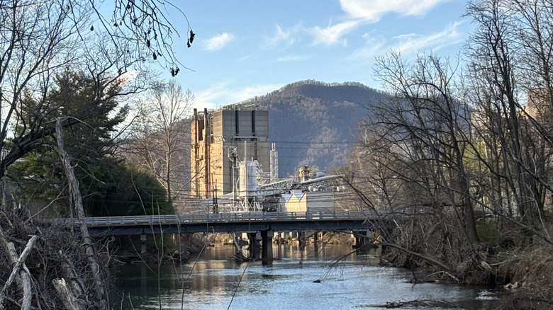 Storm damage in on the Pigeon River within view of the abandoned Canton Paper Mill in Canton, North Carolina