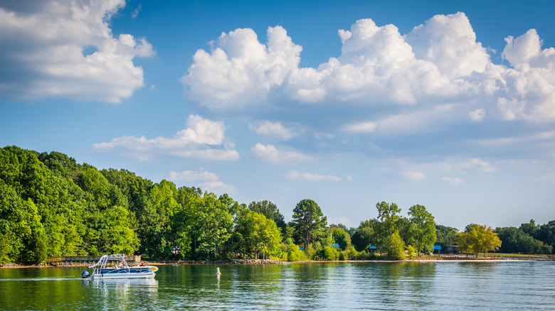 Boat on the water in Lake Norman, North Carolina