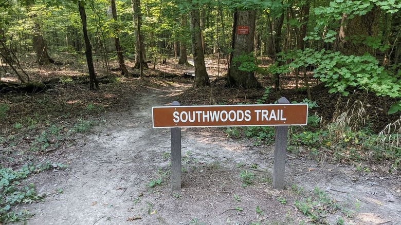A sign marking the start of Southwoods Trail at Stonelick Lake State Park in Ohio.