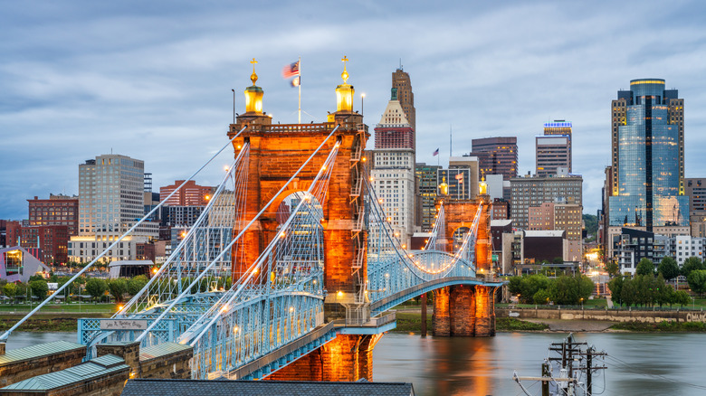 The Roebling Suspension Bridge in downtown Cincinnati, Ohio, at dusk