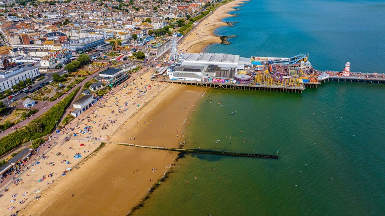 drone view of Clacton-on-Sea seafront, Essex, England