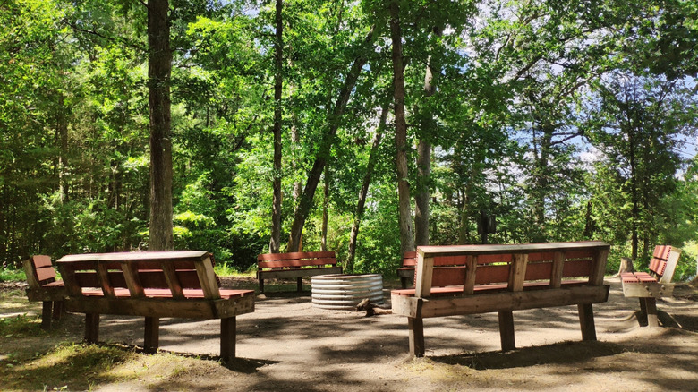 Wooden benches around a fire pit in the campground of Proud Lake Recreation Area in Commerce Township, Michigan