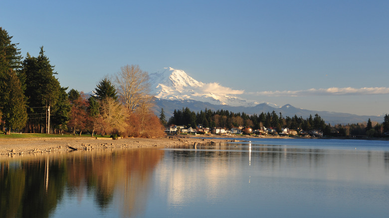 This is a shot of Lake Tapps, Washington with Mt Rainier in the backdrop