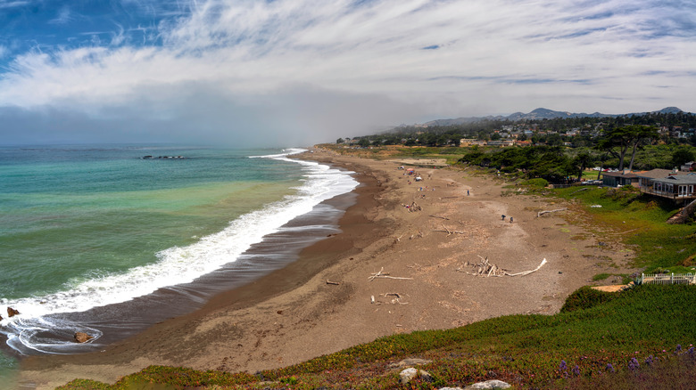 Waves lap the shore of Moonstone Beach in Cambria, California