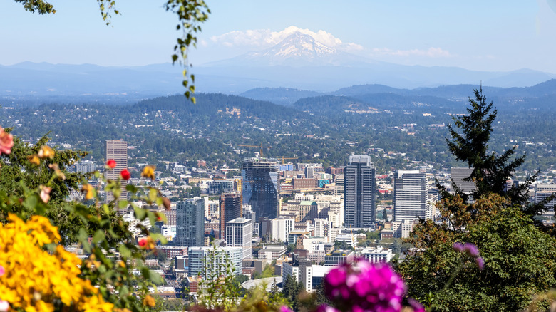 A view of Portland, Oregon's city skyline with Mt. Hood in the background
