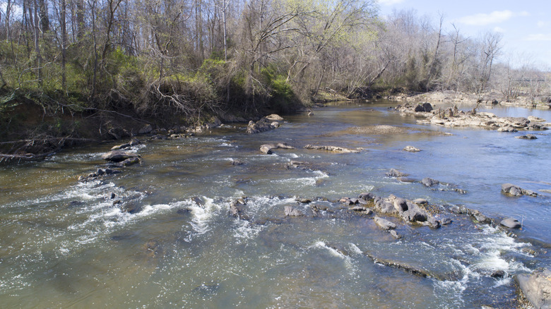 Water riffles over rocks in the Deep River, North Carolina