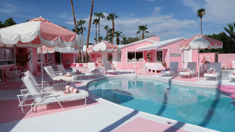 The pool area and pink aesthetic of Trixie Motel in Palm Springs