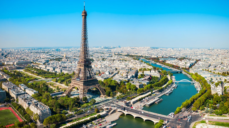 Aerial view of Paris, including the Eiffel Tower