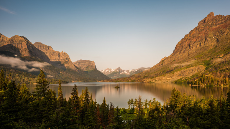 Mountains surround St. Mary Lake at the Glacier National Park near the St Mary Campground