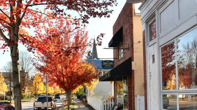 A quaint sidewalk lined with shops in downtown Pataskala, Ohio