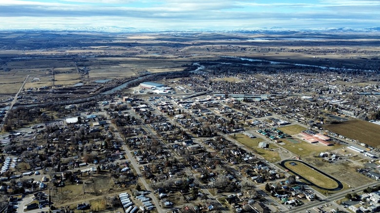 Aerial view of buildings and farms around Payette, Idaho