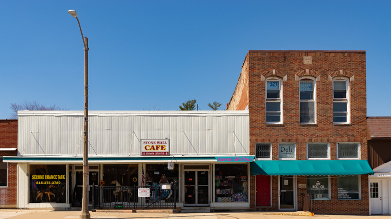 Historic building and street in downtown Pecatonica, Illinois