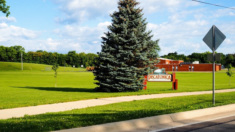 Green field with a tree and a sign for Pecatonica, Illinois