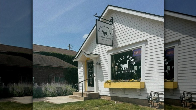 The exterior of the Falls Perk Coffee House in downtown Pendleton, Indiana