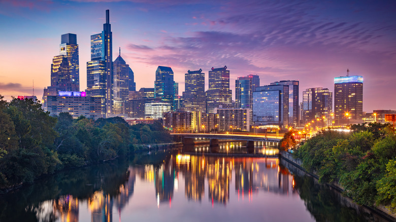 Philadelphia, Pennsylvania, and the Schuylkill River, at twilight
