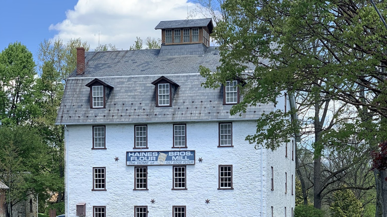 The exterior of the Haines Mill Museum that showcases its flour history, situated among greenry