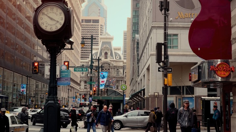 Pedestrians walking in downtown Philadelphia, Pennsylvania