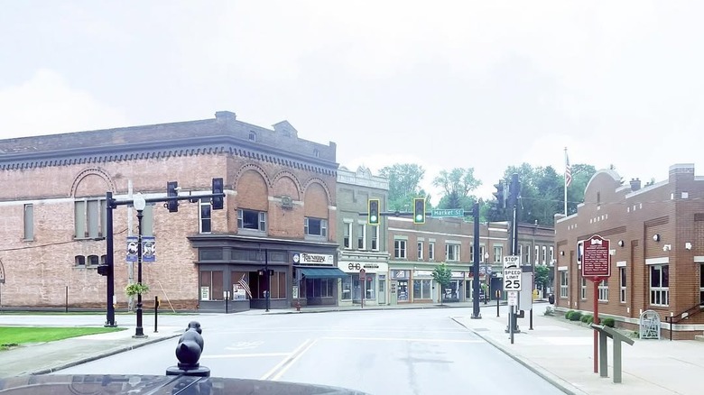Downtown Union City, with brick buildings lining a street under a cloudy sky