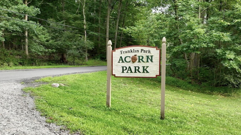 Wooden sign with green text on grass with green trees behind