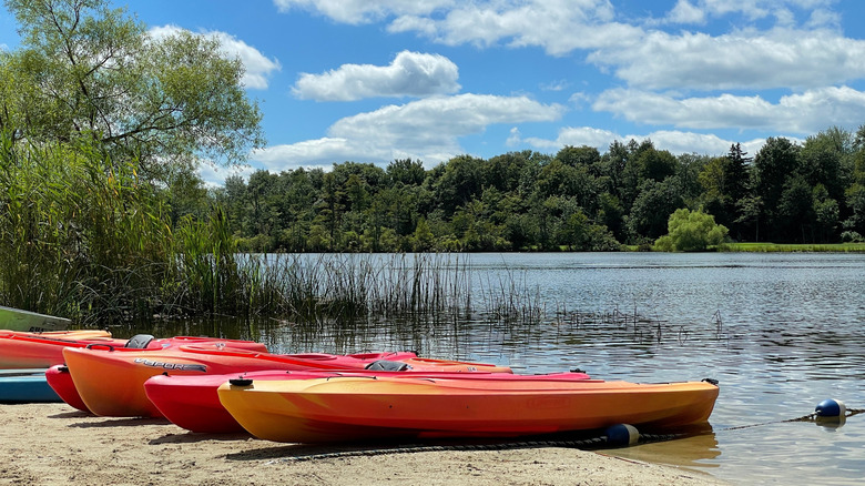 Kayaks on the lakeshore in the Poconos