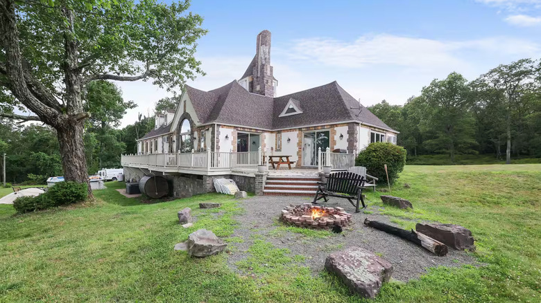Exterior of the Majestic Secluded Castle in Mount Poconos, Pennsylvania, seen here during the day