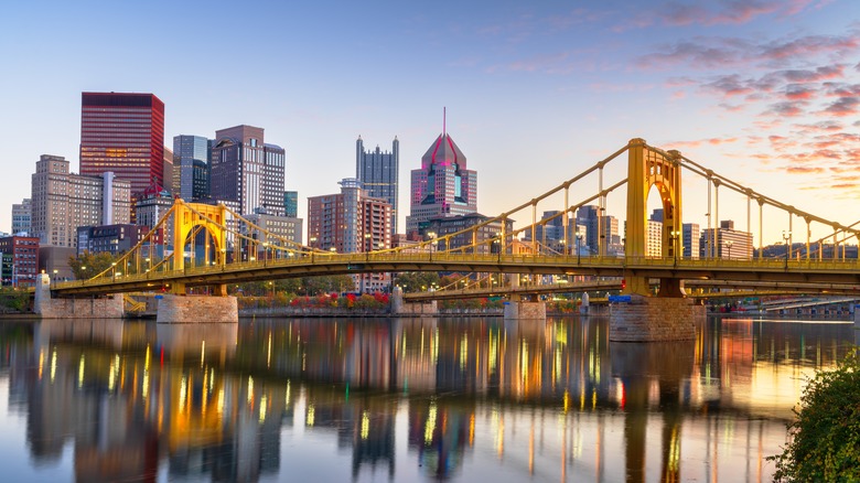 Ohio River, Pennsylvania, with bridge and cityscape on an evening