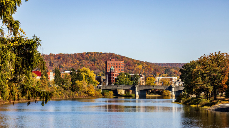 The small city of Warren along the Allegheny River during fall foliage in Northwest Pennsylvania